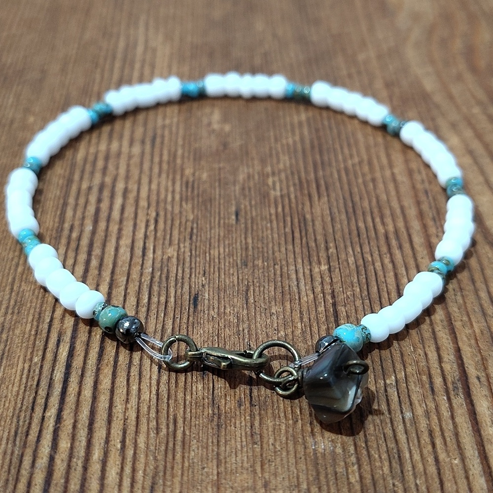 White and Turquoise Beaded Bracelet,  9 Inches Long,  Handmade Bracelet